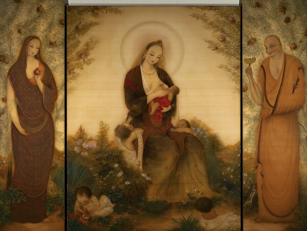 도모토 인쇼, 귀자모신(訶梨帝母), 1922년, 비단에 색, 중앙 218×166 cm, 좌우 각 225×61.5 cm, 교토국립근대미술관 소장