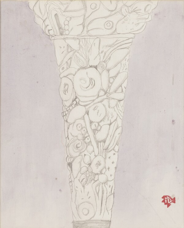 도모토 인쇼, 열매(果)의 집적(도모토 미술관 기둥 도안), 1966년, 종이에 연필과 수채 물감, 35×20 cm, 교토부립 도모토 인쇼 미술관 소장 (교토국립근대미술관 제공)