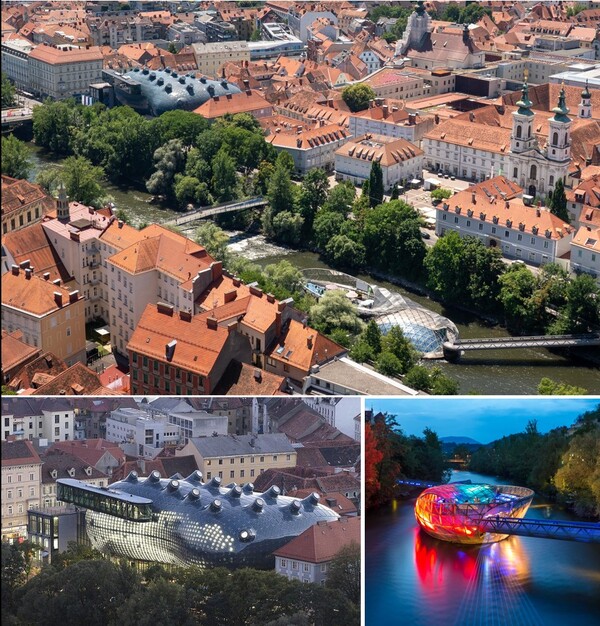 1999년 잘 보존된 르네상스 건축으로 유네스코 세계문화유산에 지정된 오스트리아 그라츠에 2003년 건설된 쿤스트하우스 그라츠(Kunsthaus-Graz)와 무어인젤(Murinsel), 현대적인 건축물이나 세계문화유산해지 등의 문제는 없었다.