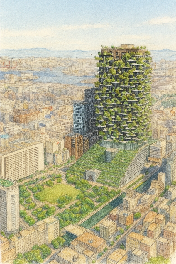 후쿠오카의 아크로스와 밀라노 보스코 베르티칼레를 ChatGPT를 사용해 합성한 이미지