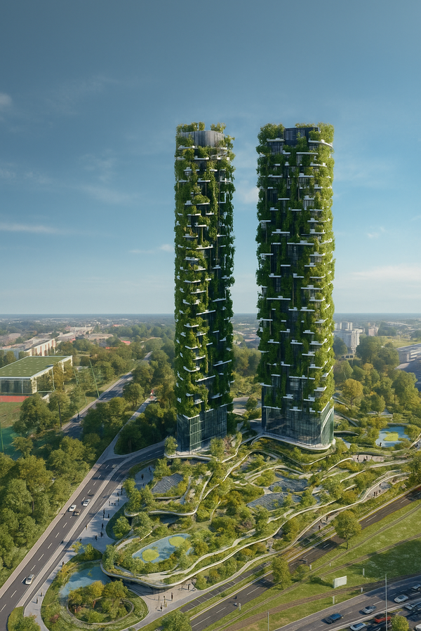 프랑스 소프레마 본사건물 시안에 ChatGPT를 사용해 밀라노 보스코 베르티칼을 합성한 이미지 사진출처 소프레마 ⒸVincent Callebaut Architectures
