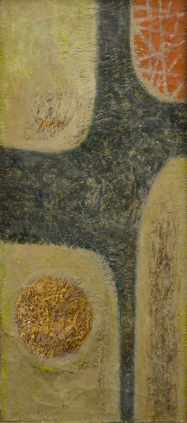 김경, 작품, 1959년, 캔버스에 유화 물감, 80.5×35.5 cm, 국립현대미술관 소장, 김경은 모던아트에 가입한 뒤 일본미술학교 시절 선배이자 동료인 이규상의 영향을 받아 추상화가로 변신했다. 이 작품은 출품 이력이 기록되어 있지 않으나, 1959년 12월로 사인된 것을 보아 그때 열린 제5회 모던아트협회전의 출품작 중 하나가 아니었을자 짐작할 수 있다.  (국립현대미술관 제공)