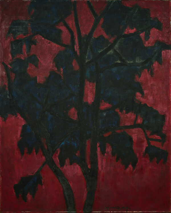 황염수, 나무, 1950년대, 캔버스에 유화 물감, 89×70 cm, 개인 소장, 제5회 모던아트협회전에 출품된 이 작품은 이번 전시를 계기로 60여 년만에 공개된다. 황염수의 작품 중 드물게 제작 연도를 특정할 수 있는 작품이라는 점에서도 큰 의미를 지닌 작품이다. (국립현대미술관 제공)