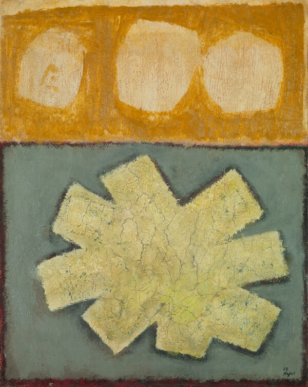 이규상 구성, 1963년, 캔버스에 유화 물감, 63.8×50.9 cm, 개인 소장, 1963년 이규상의 두 번째 개인전에 출품되었을 것으로 추정되는 이 작품은 천일화랑을 운영했던 디자이너 이완석(李完錫, 1915-1969)의 소장품이었다. (국립현대미술관 제공) 