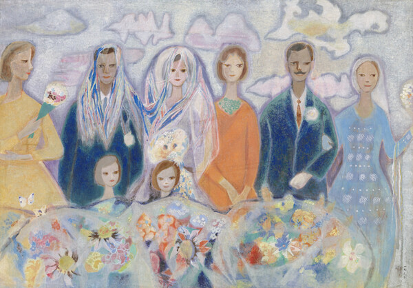 천경자, 환(歡), 1962년, 종이에 색, 104×149 cm, 개인 소장 © 서울특별시, 1963년 서울과 도쿄를 순회한 천경자 개인전에 '인간가족'이라는 제목으로 출품된 작품이다. (국립현대미술관 제공)