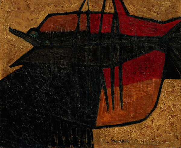 유영국, 물고기, 1956년, 캔버스에 유화 물감, 38×48 cm, 유영국미술문화재단 소장 © 유영국미술문화재단, 유영국의 작품 중에서도 이색적인 소재가 돋보이는 이 작품은 제1회 모던아트협회전에 출품되었다. (국립현대미술관 제공)