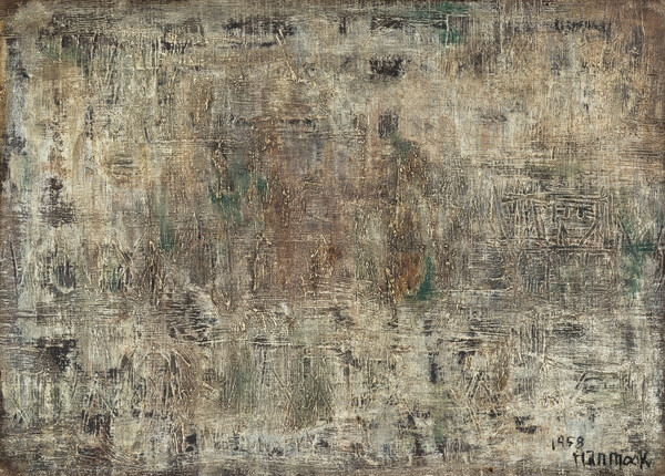 한묵, 우기(雨期), 1958년, 캔버스에 유화 물감, 33×45.5 cm, 국립현대미술관 소장, 최근 국립현대미술관에 소장된 이 작품은 제작된 해 모던아트협회전에 선보였다. 소나기를 맞고 화실로 들어와 즉흥적으로 빗줄기를 표현한 작품이며, 한묵 자신도 이 작품에 유독 애정을 보였다.  (국립현대미술관 제공)