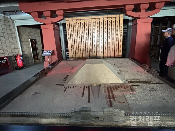 한양릉 모형.  전체 면적  20㎢에 이를 정도로 매우 광대하며, 경제의 능과 왕 황후의 능을 중심으로 총 81개의 부장갱(隨葬坑)이 방사형으로 배열되어 있다. (사진 함혜리)